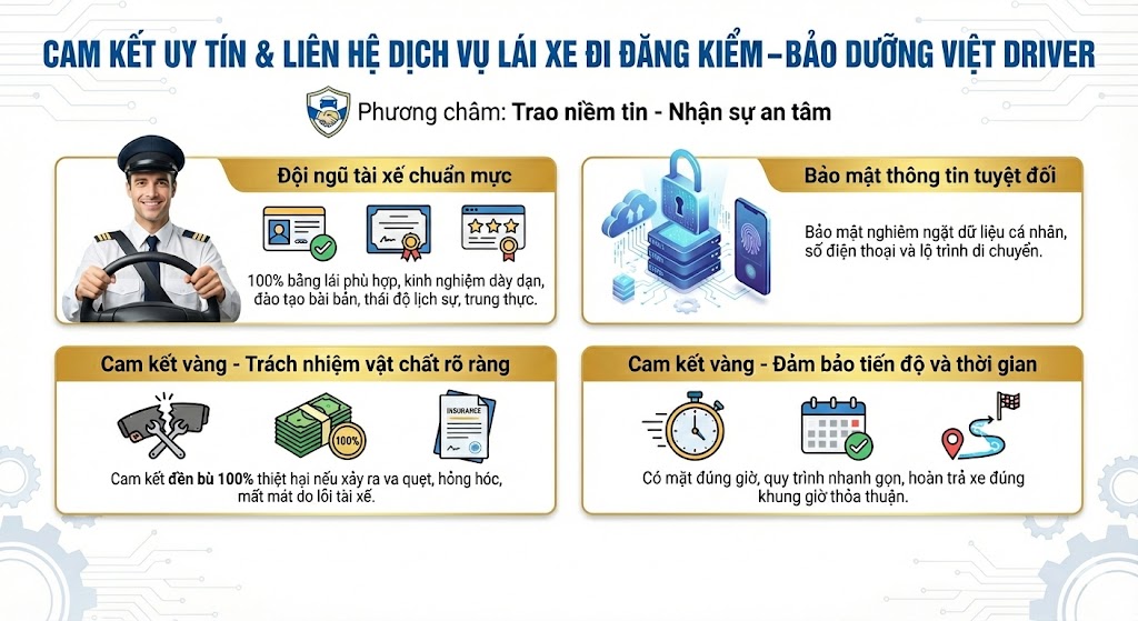 Cam kết uy tín & liên hệ dịch vụ lái xe đi đăng kiểm - Bảo dưỡng Việt Driver Cam kết uy tín & liên hệ dịch vụ lái xe đi đăng kiểm - Bảo dưỡng Việt Driver