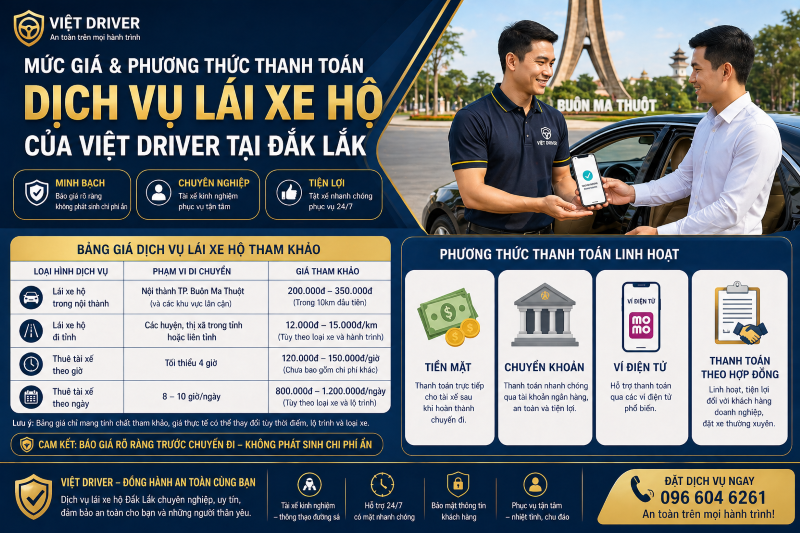 Giá và phương thức thanh toán dịch vụ lái xe hộ của Việt Driver tại Đắk Lắk được xây dựng minh bạch và linh hoạt
