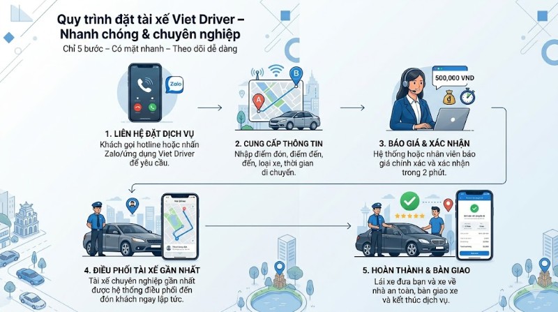 Quy trình 5 bước đặt tài xế Viet Driver chuyên nghiệp