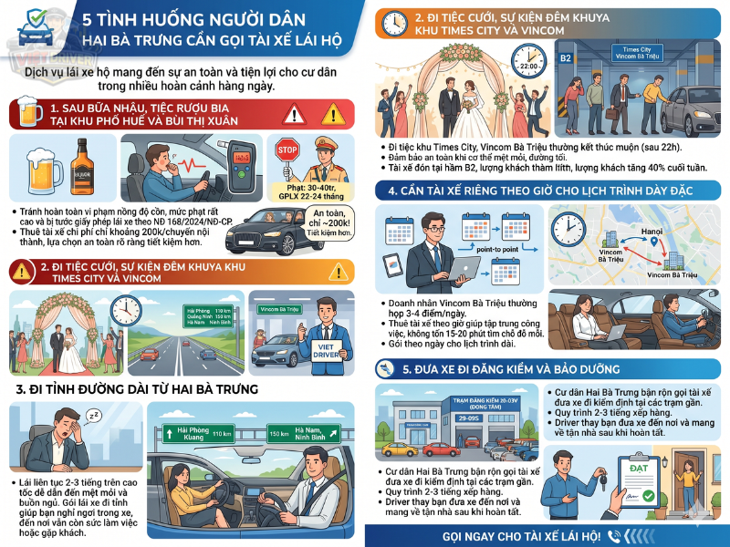 Viet Driver giúp bạn tại Hai Bà Trưng về nhà an toàn sau tiệc hoặc đi tỉnh. Chúng tôi phục vụ 24/7 Viet Driver giúp bạn tại Hai Bà Trưng về nhà an toàn sau tiệc hoặc đi tỉnh. Chúng tôi phục vụ 24/7