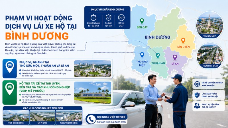 Dịch vụ lái xe hộ Bình Dương của Việt Driver không chỉ dừng lại ở một khu vực mà còn mở rộng ra nhiều thành phố và khu vực lân cận