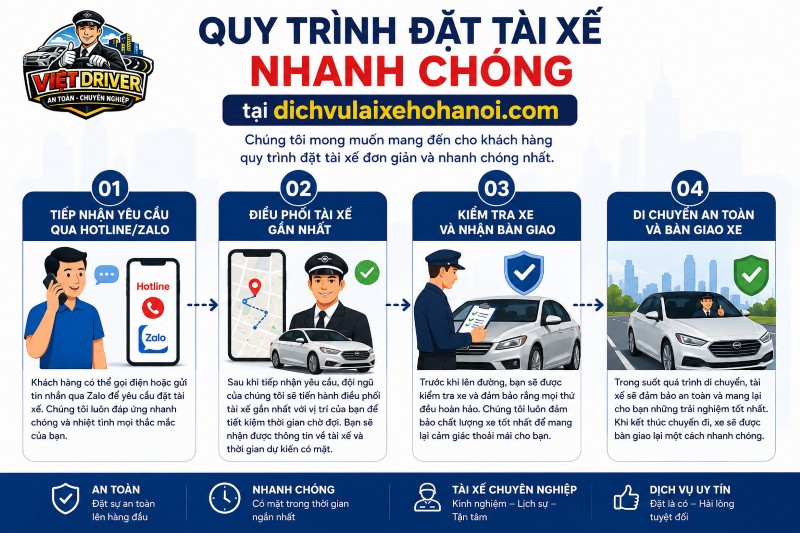 Quy trình đặt tài xế nhanh chóng tại dichvulaixehohanoi.com chỉ với 4 bước