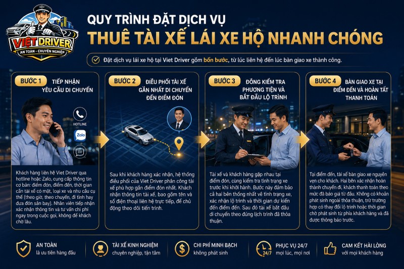 Quy trình đặt dịch vụ thuê tài xế lái xe hộ nhanh chóng tại Việt Driver Quy trình đặt dịch vụ thuê tài xế lái xe hộ nhanh chóng tại Việt Driver