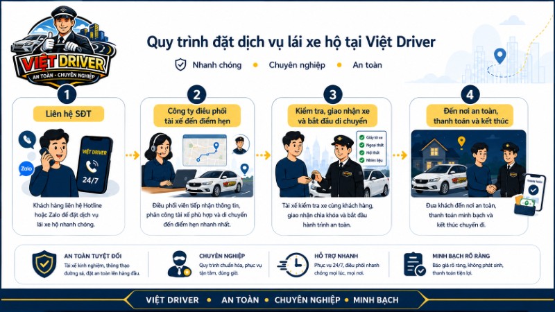 Quy trình 4 bước đặt dịch vụ lái xe hộ Hội An tại Việt Driver Quy trình 4 bước đặt dịch vụ lái xe hộ Hội An tại Việt Driver