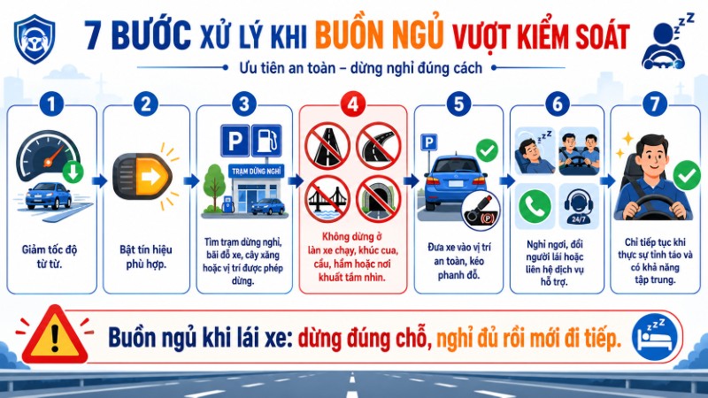 Quy trình 7 bước dừng xe an toàn khi tài xế buồn ngủ ban đêm Quy trình 7 bước dừng xe an toàn khi tài xế buồn ngủ ban đêm